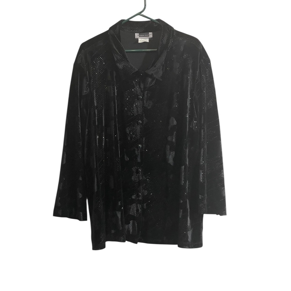 Maggie Barnes Black Velvet Button Front Shirt Sparkly Glitter Evening 4X/5X